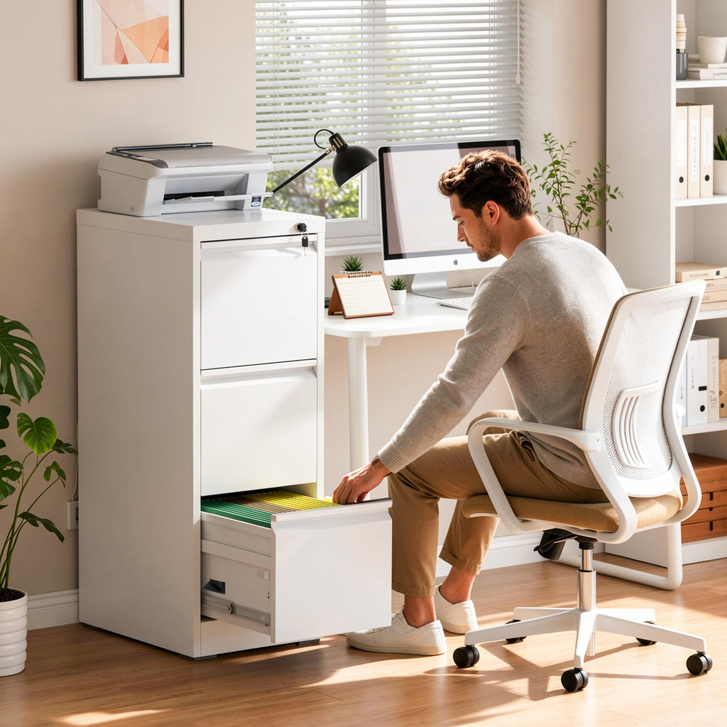 White 3 Drawer Metal File Cabinet with Lock L323