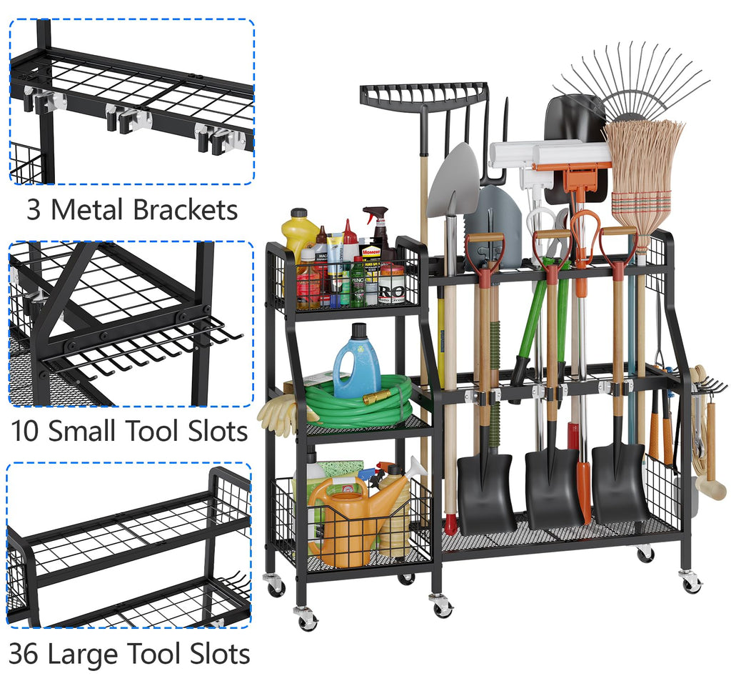Heavy-Duty Garden Tool Organizer with 6 Wheels and 2 Baskets G946642