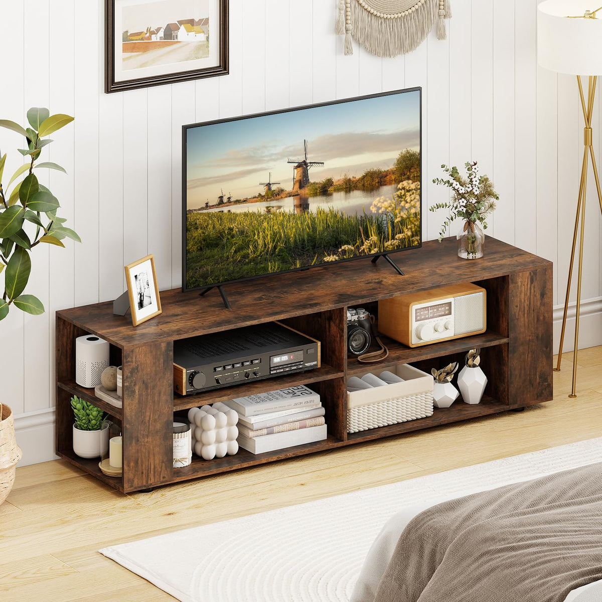 Rustic Brown Wood TV Stand with 8 Open Shelves G58779