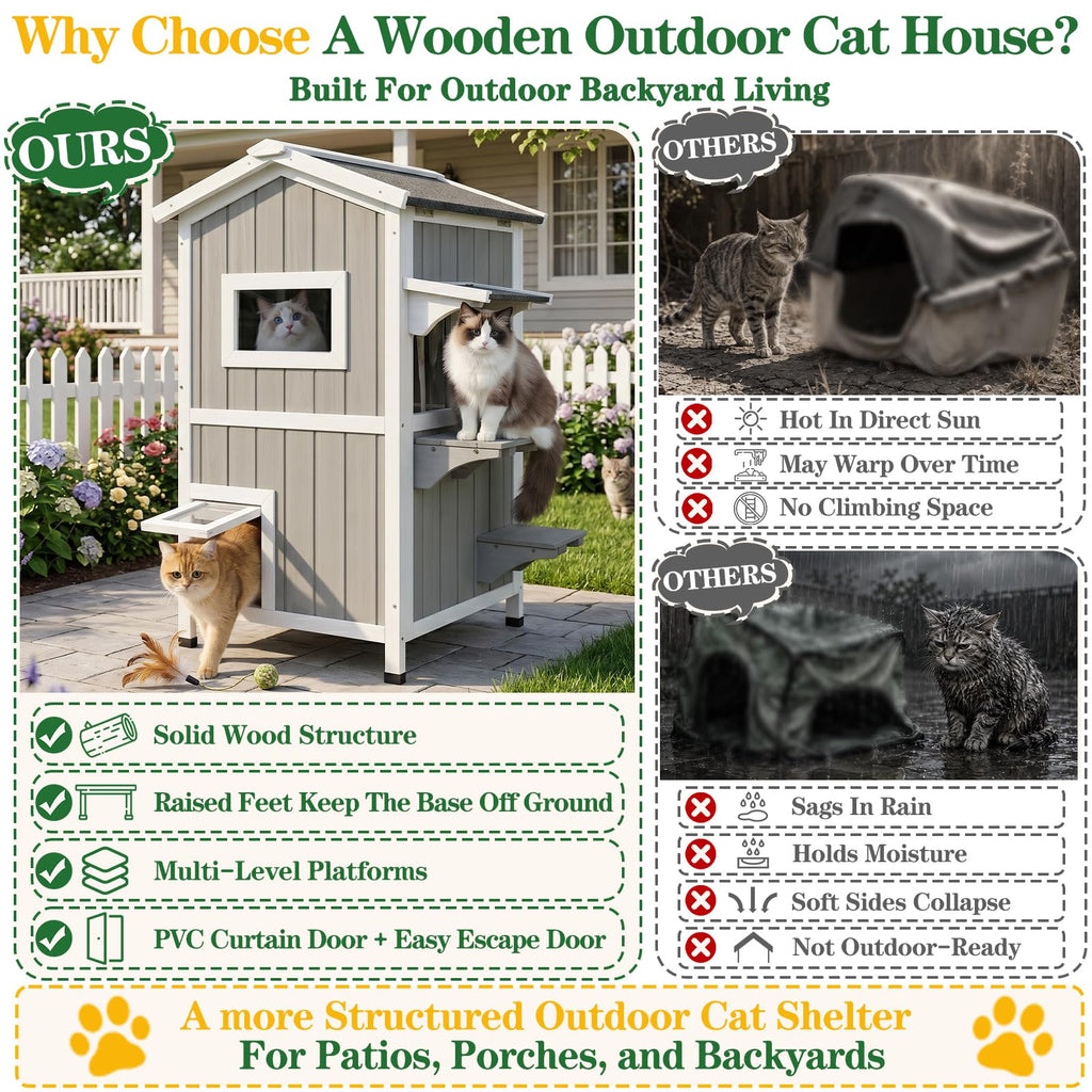 Weatherproof 2-Story Outdoor Cat House with Feeding Station T329