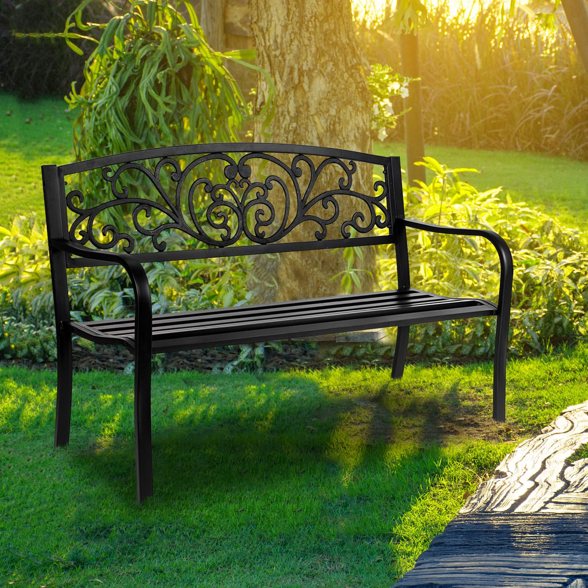 50in Black Metal Outdoor Bench with Armrests E2628