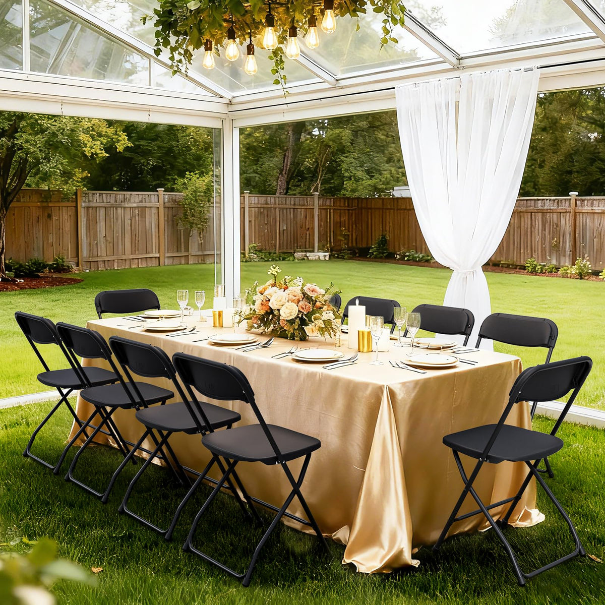 Black Plastic Folding Chairs, 10 Pack Steel Frame 350lbs Capacity W7809
