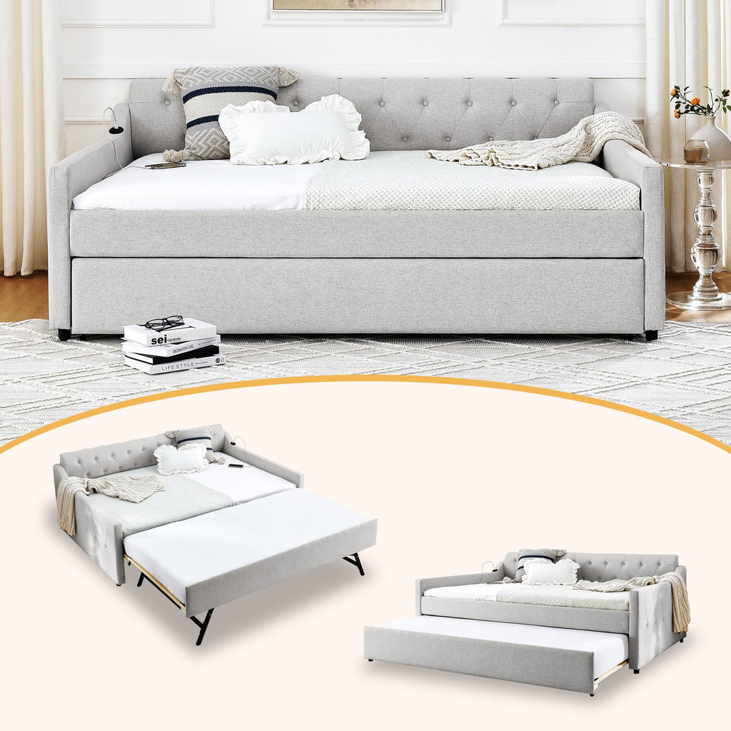 Twin Size Upholstered Daybed with Pop Up Trundle and USB Charging Ports L951400