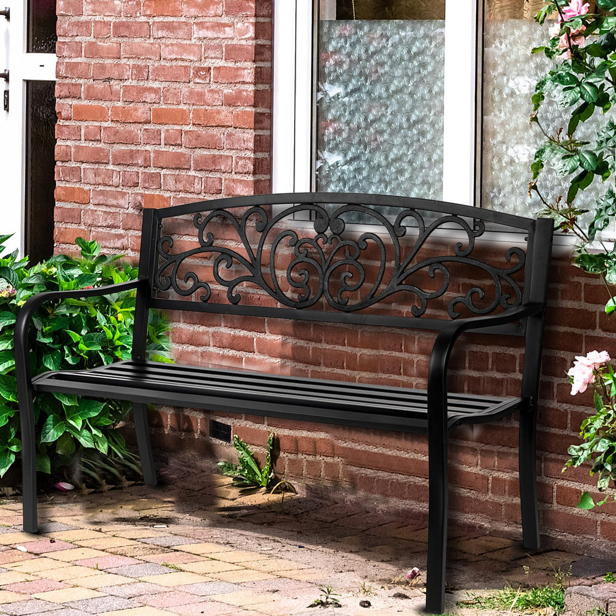 50in Black Metal Outdoor Bench with Armrests E2628