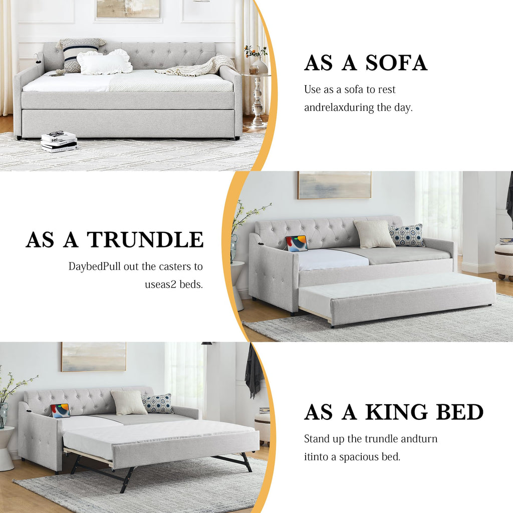 Twin Size Upholstered Daybed with Pop Up Trundle and USB Charging Ports L951400