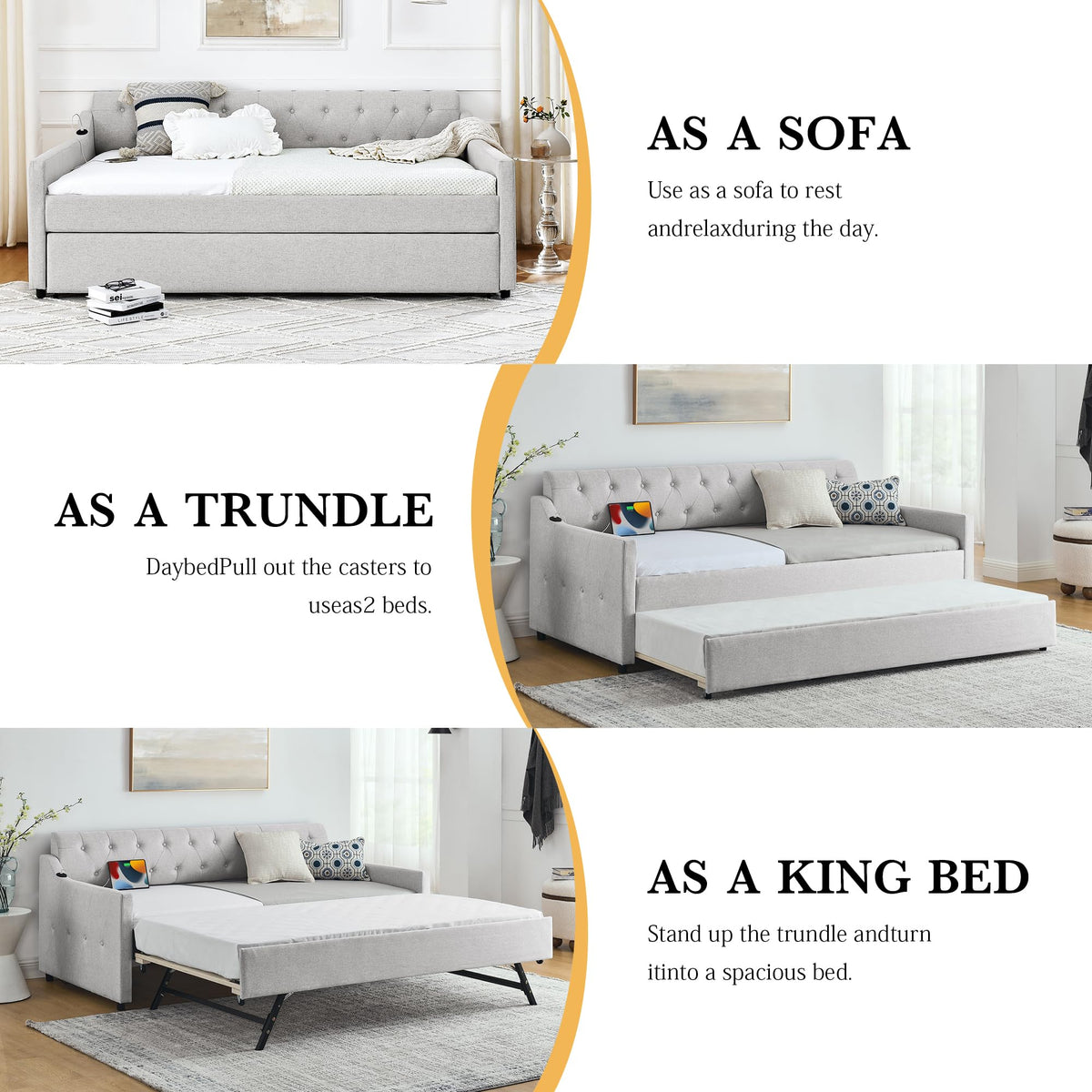 Twin Size Upholstered Daybed with Pop Up Trundle and USB Charging Ports L951400