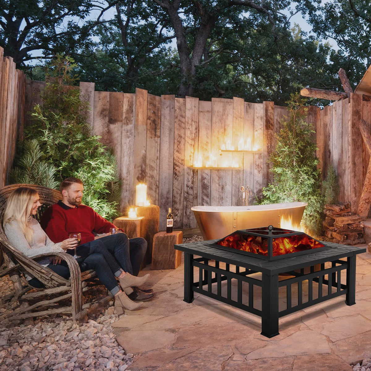 32" Square Wood Burning Fire Pit Table with Spark Screen Y2638