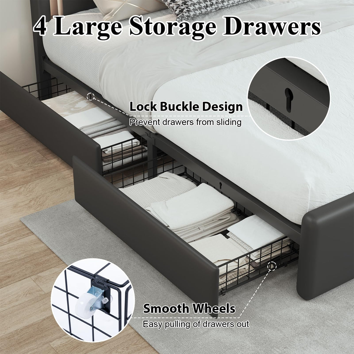 Full Size Bed Frame with Storage Drawers and Charging Station, Black J8830