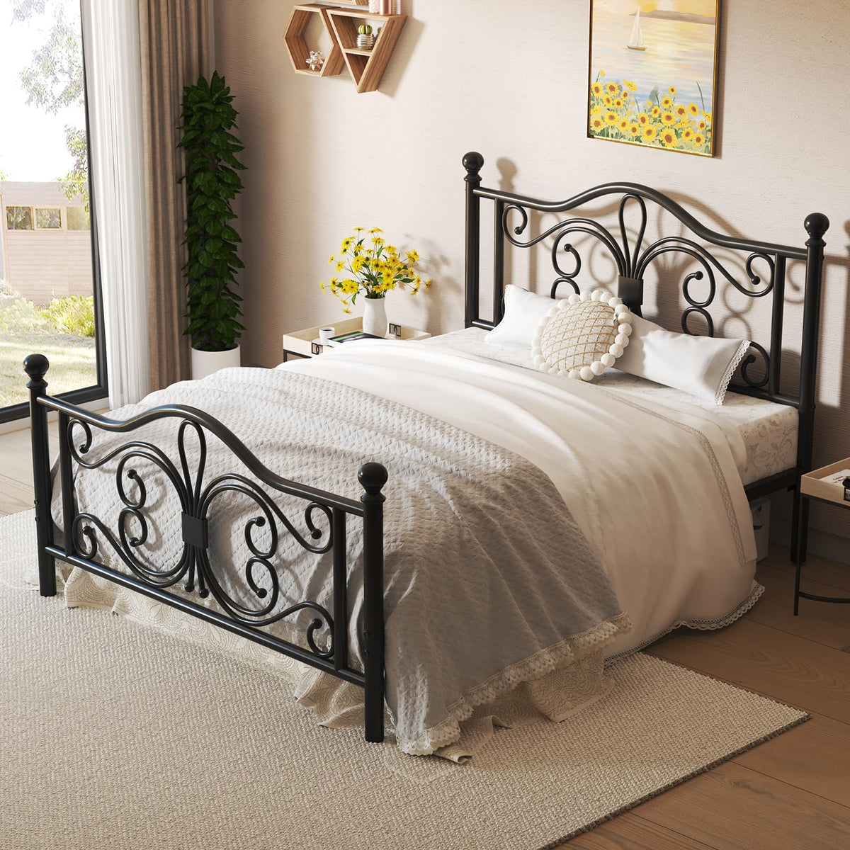 Black Full Bed Frame with Butterfly Pattern Headboard & Footboard J87029