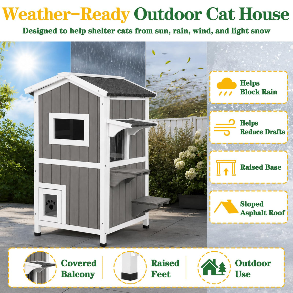 Weatherproof 2-Story Outdoor Cat House with Feeding Station T329