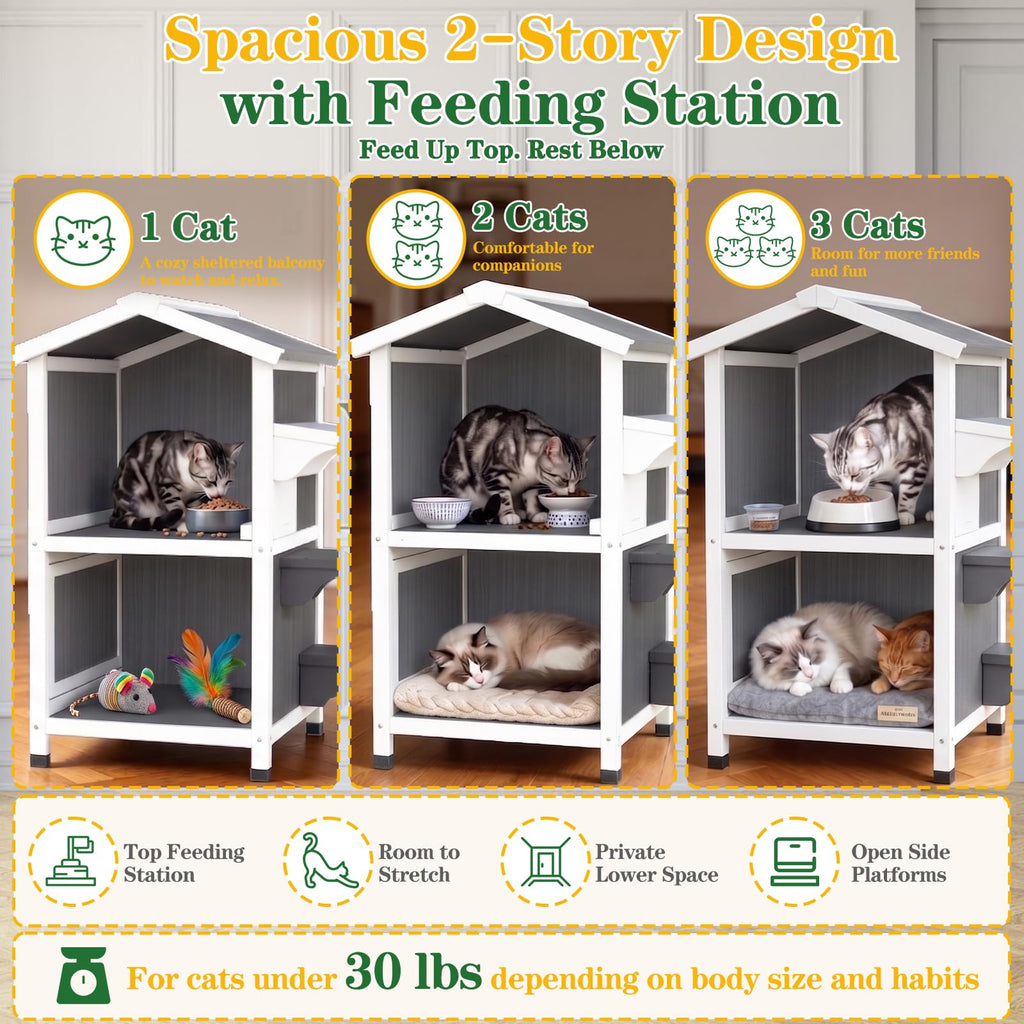 Weatherproof 2-Story Outdoor Cat House with Feeding Station T329