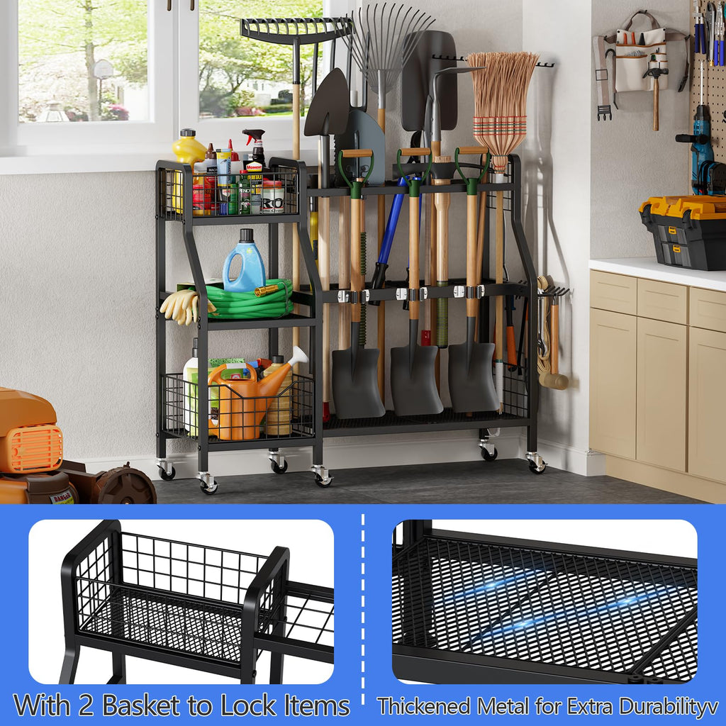 Heavy-Duty Garden Tool Organizer with 6 Wheels and 2 Baskets G946642