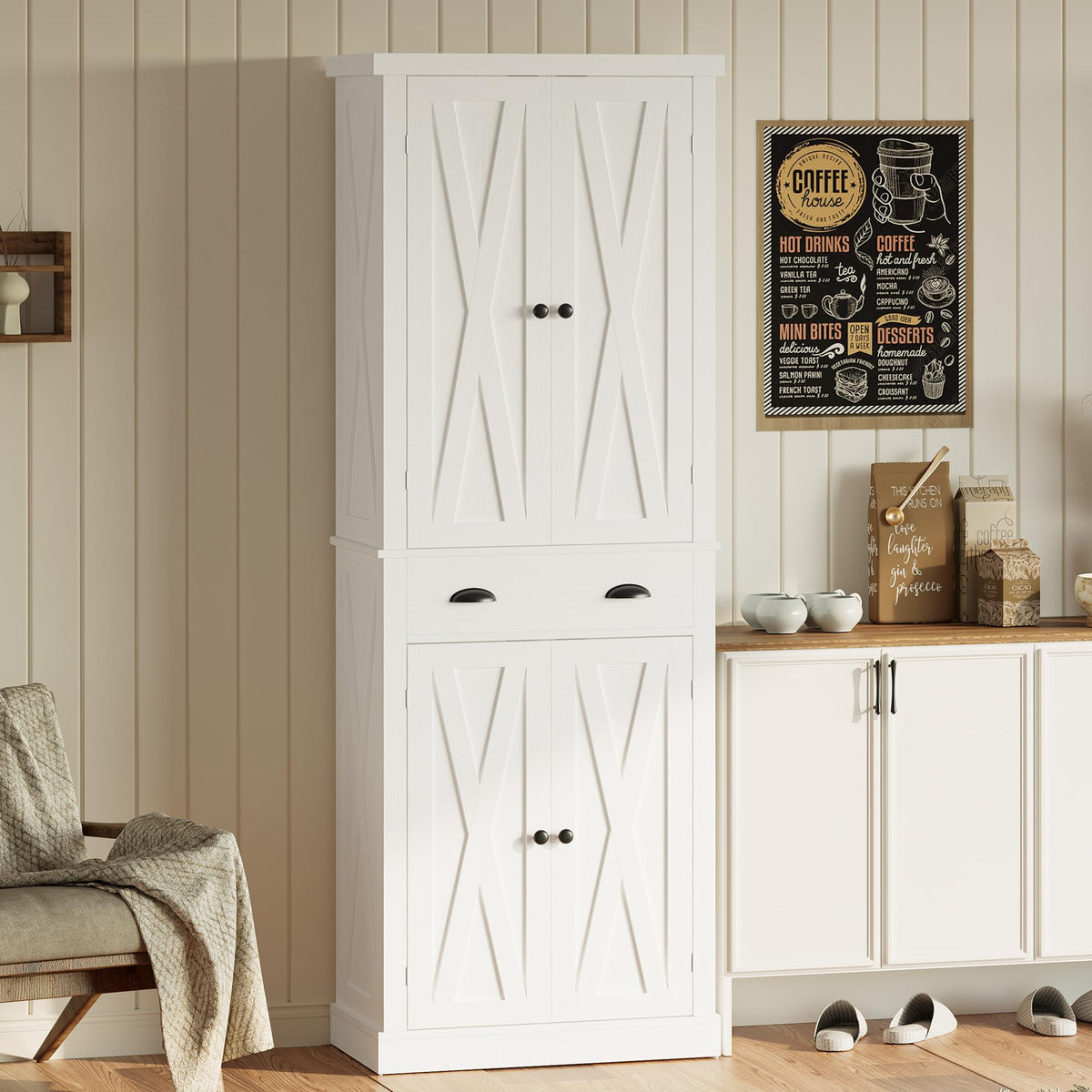 White Kitchen Pantry Storage Cabinet M7412