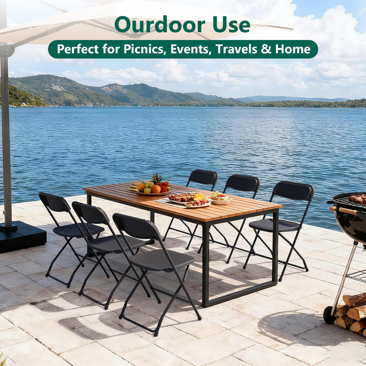 Black Plastic Folding Chairs, 10 Pack Steel Frame 350lbs Capacity W7809