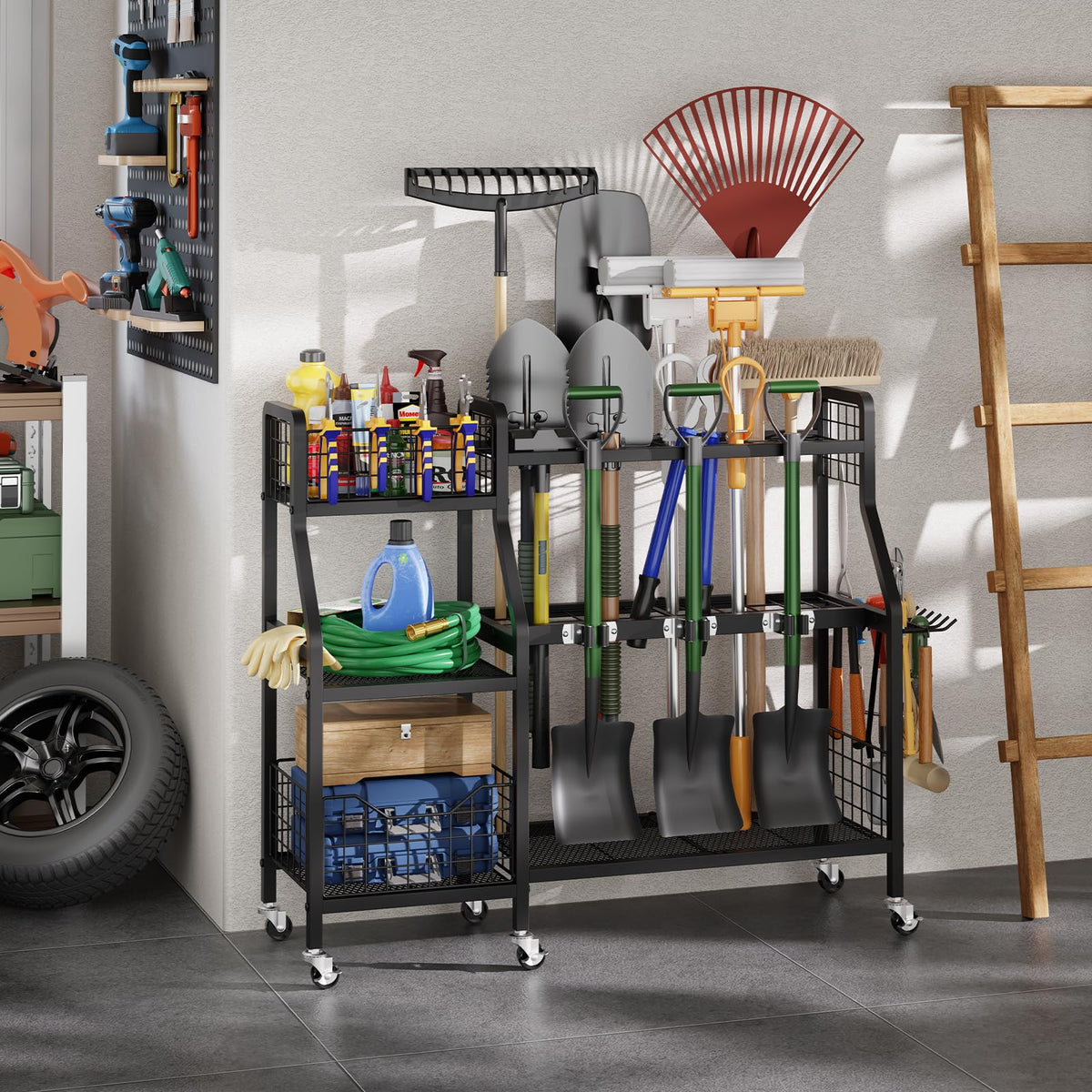 Heavy-Duty Garden Tool Organizer with 6 Wheels and 2 Baskets G946642