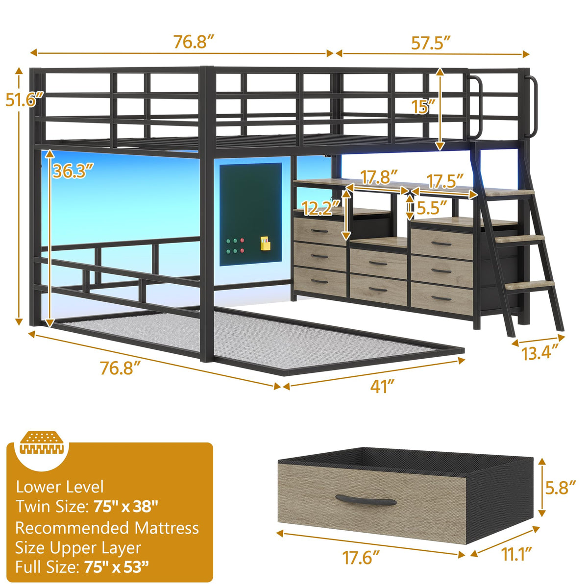 Full Over Twin Bunk Bed with 8 Drawers & 4 Shelves H650