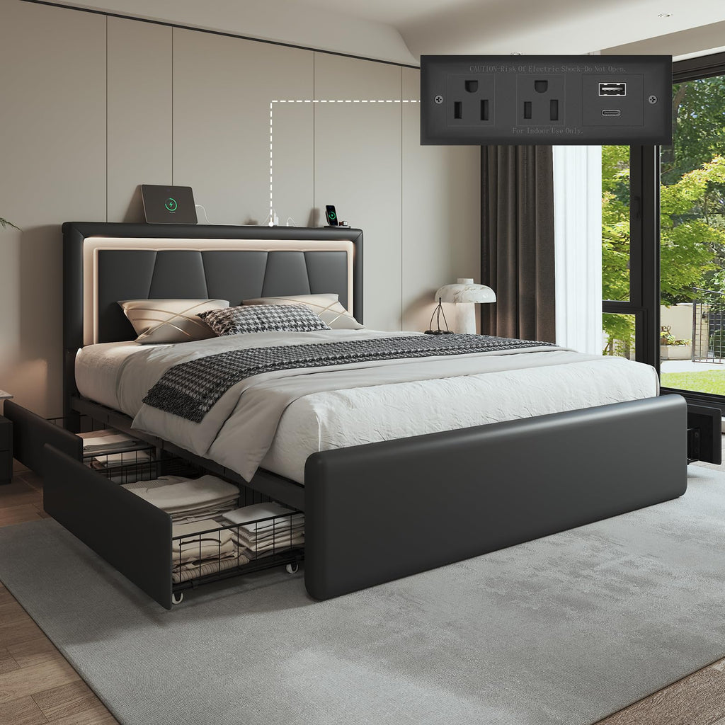 Full Size Bed Frame with Storage Drawers and Charging Station, Black J8830