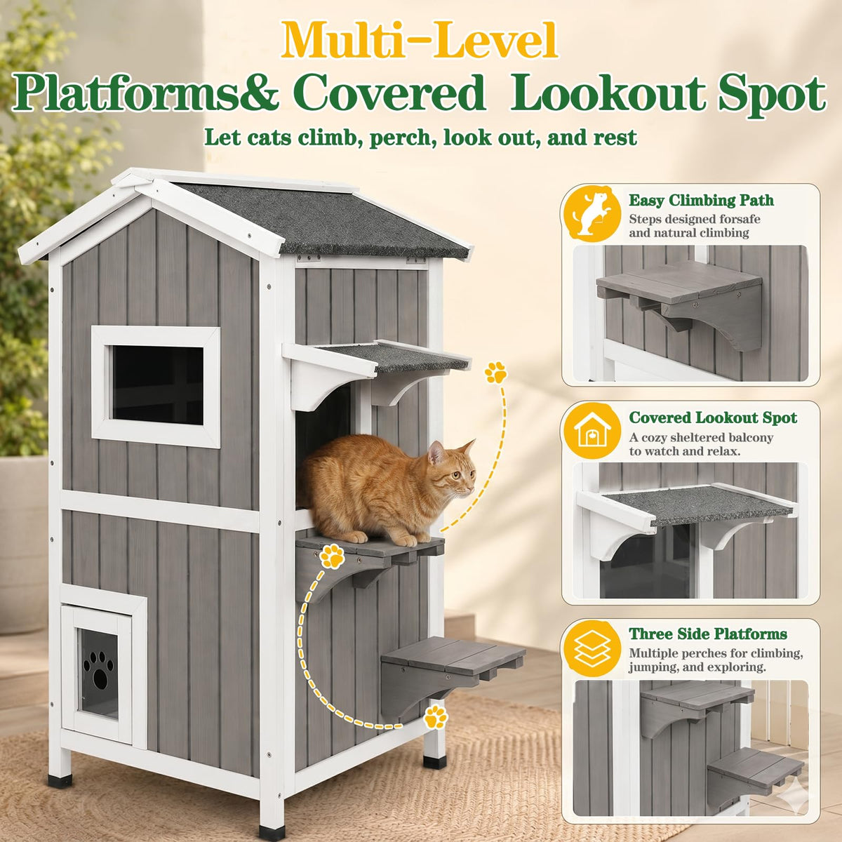 Weatherproof 2-Story Outdoor Cat House with Feeding Station T329
