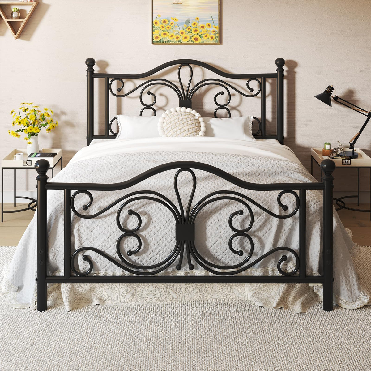 Black Full Bed Frame with Butterfly Pattern Headboard & Footboard J87029