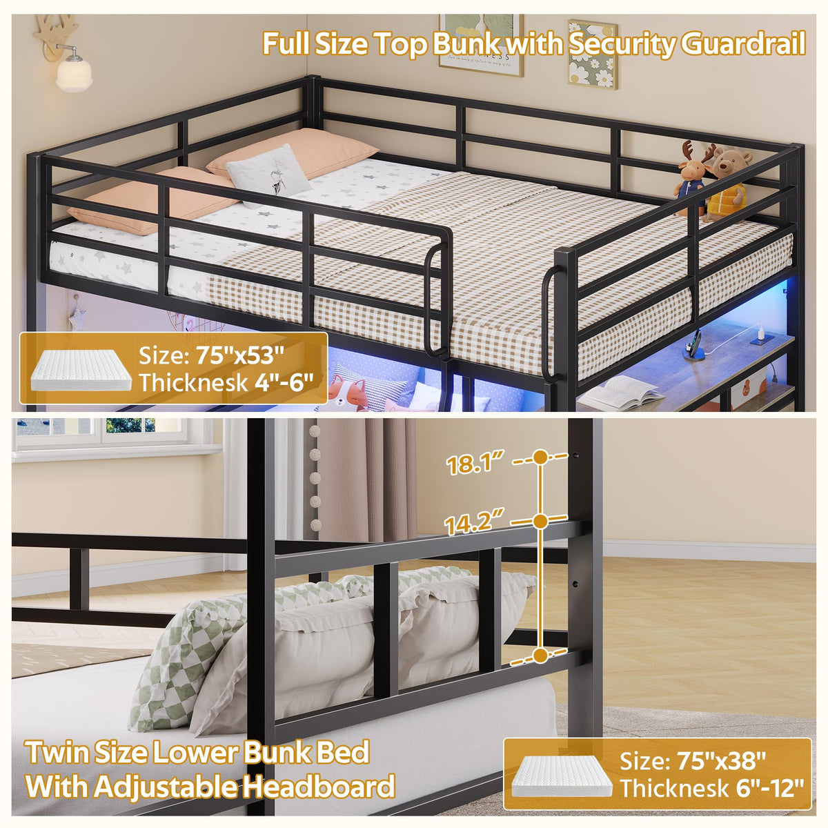 Full Over Twin Bunk Bed with 8 Drawers & 4 Shelves H650