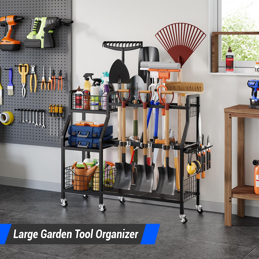 Heavy-Duty Garden Tool Organizer with 6 Wheels and 2 Baskets G946642