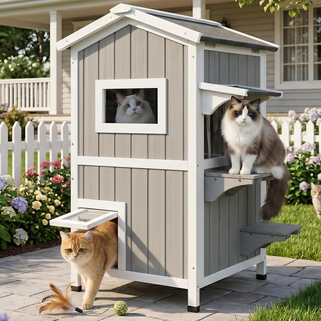 Weatherproof 2-Story Outdoor Cat House with Feeding Station T329