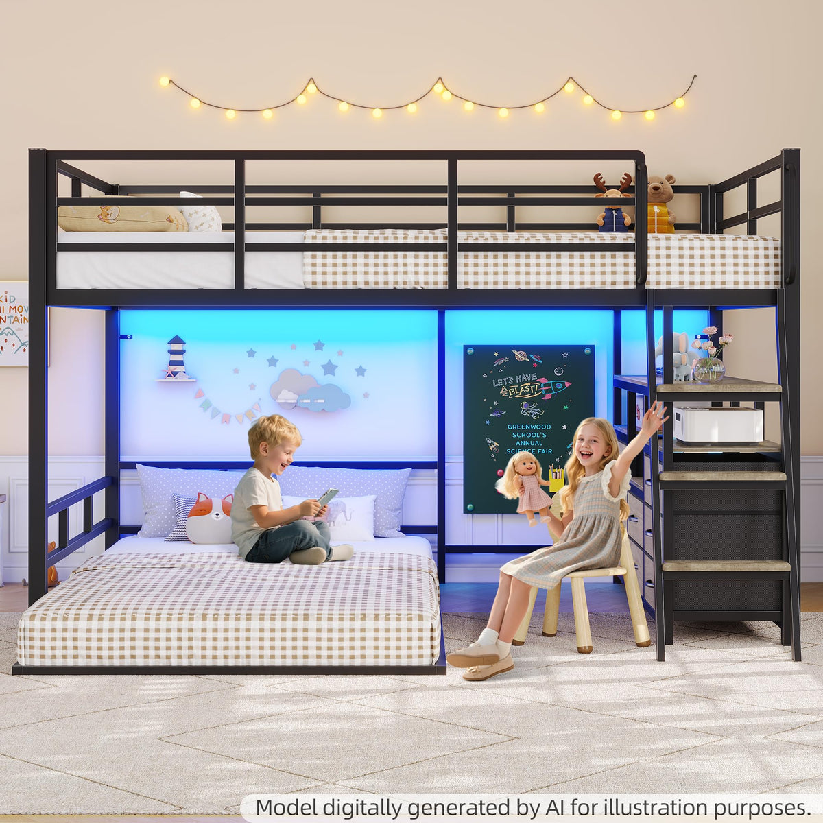 Full Over Twin Bunk Bed with 8 Drawers & 4 Shelves H650