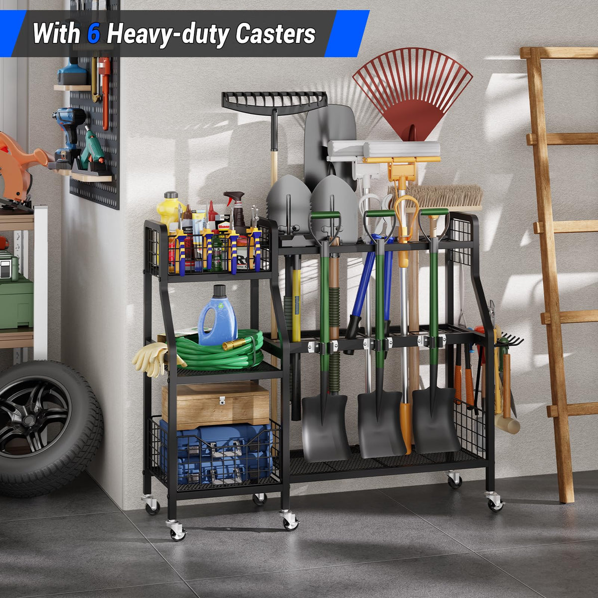 Heavy-Duty Garden Tool Organizer with 6 Wheels and 2 Baskets G946642