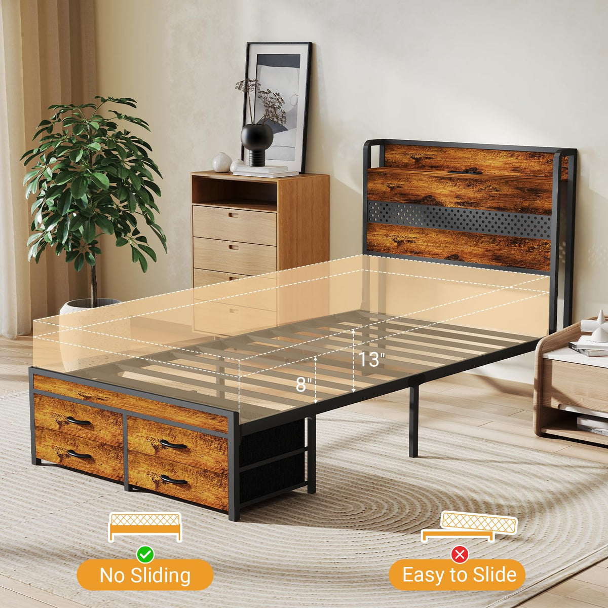 Twin Bed Frame with 2 Storage Drawers Z9233