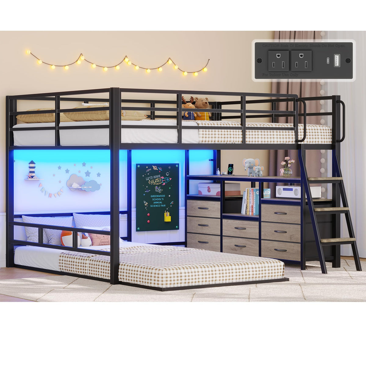 Full Over Twin Bunk Bed with 8 Drawers & 4 Shelves H650