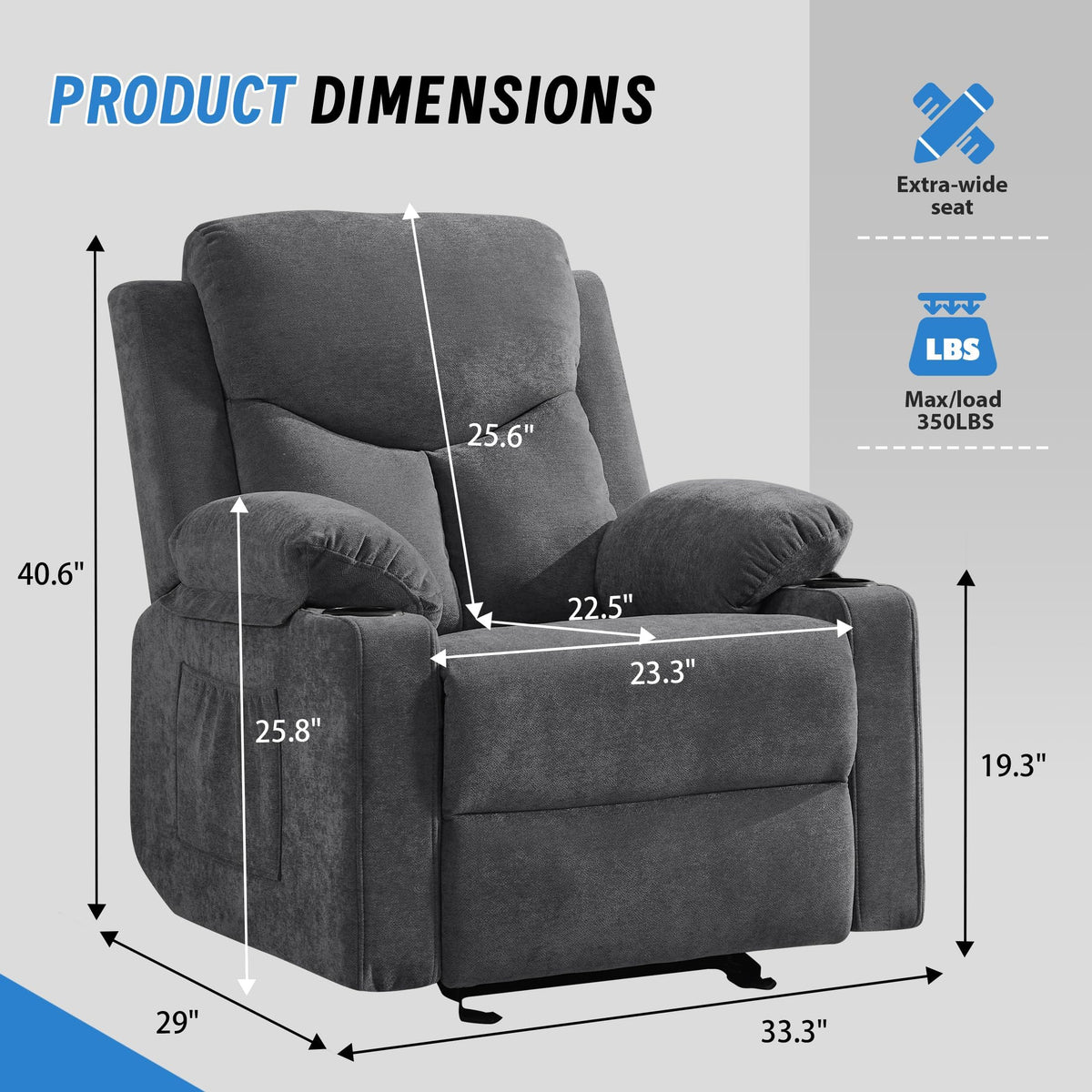Manual Rocker Recliner Chair with Massage, Dark Grey W922483