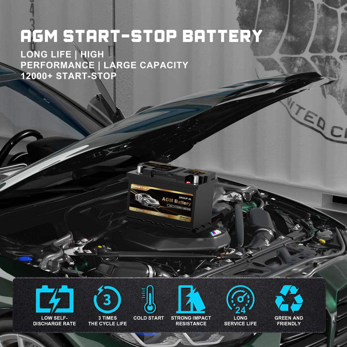 Group Size 48 AGM Car Battery, 12V 70 AH, 800 CCA O821589