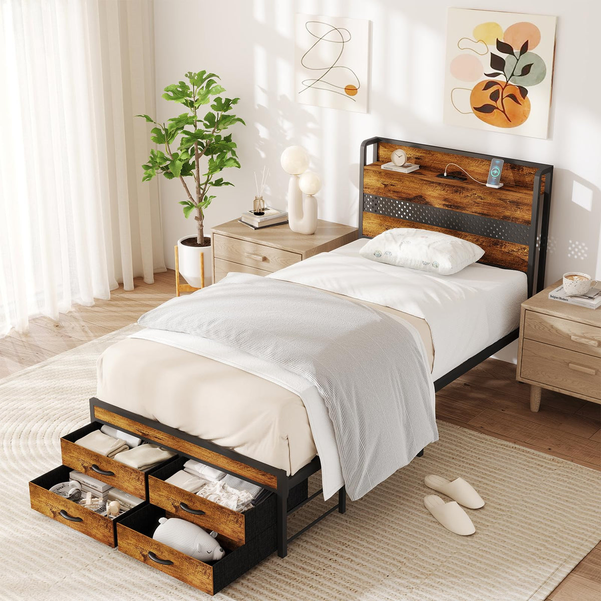 Twin Bed Frame with 2 Storage Drawers Z9233