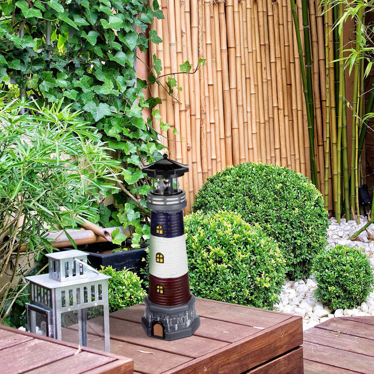 Solar Lighthouse Statue, Resin Waterproof, Black, 4.72 X 4.72 X 14.76 Inches E2511