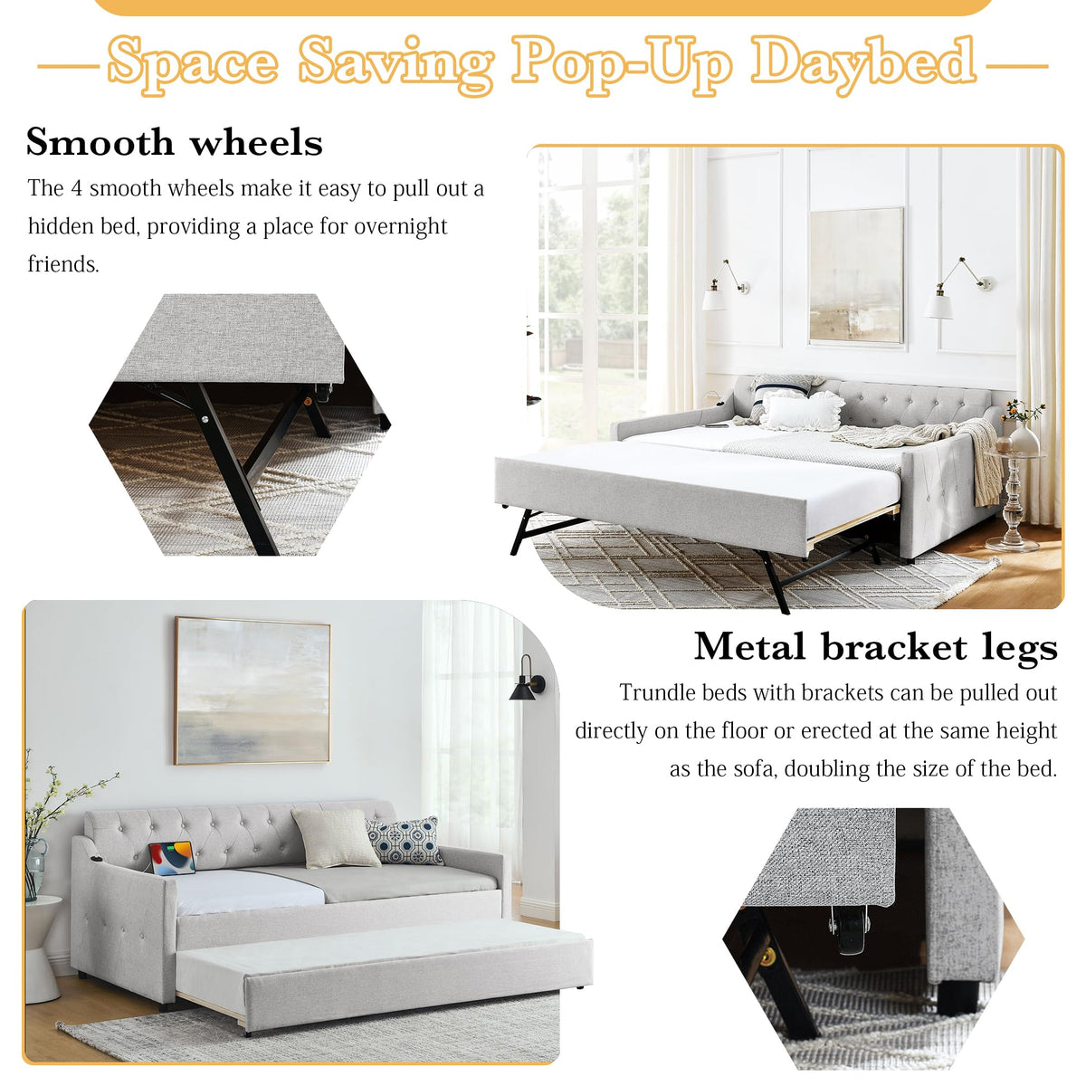 Twin Size Upholstered Daybed with Pop Up Trundle and USB Charging Ports L951400