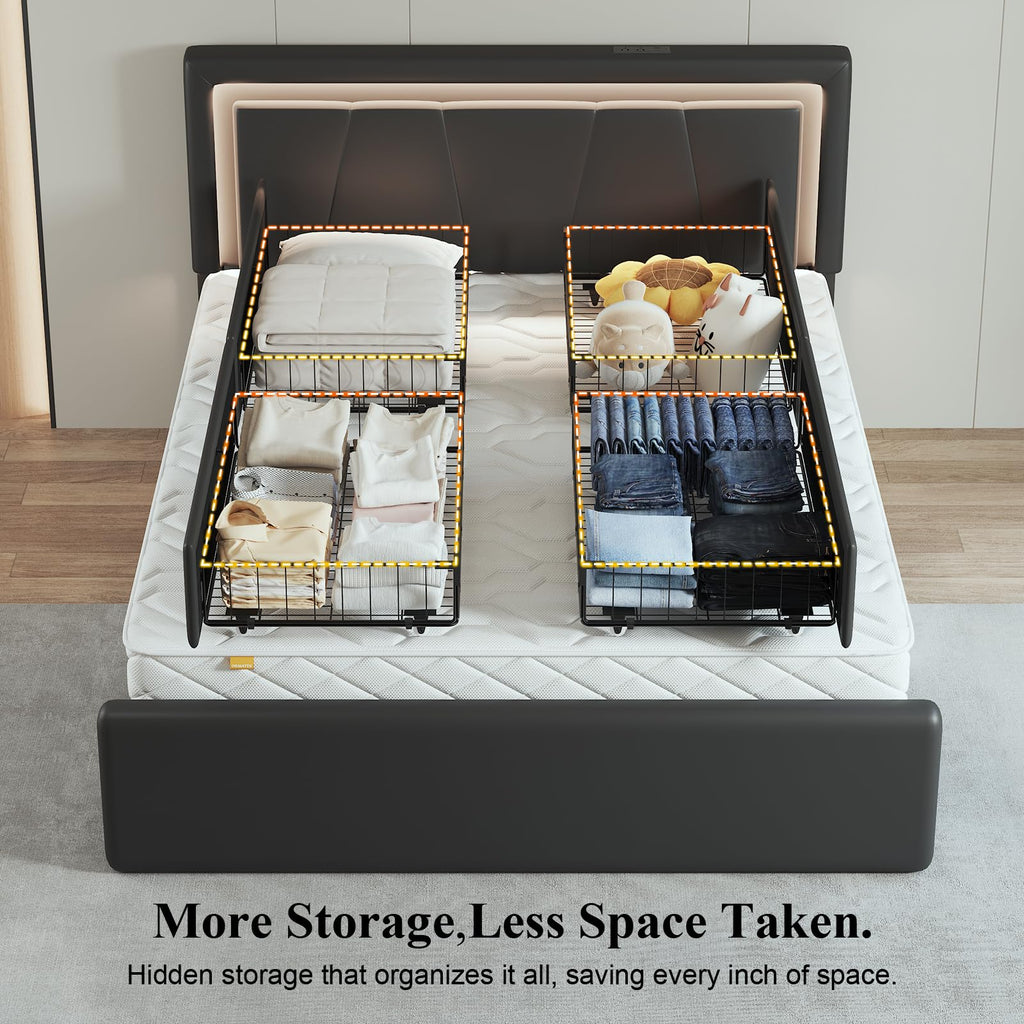 Full Size Bed Frame with Storage Drawers and Charging Station, Black J8830