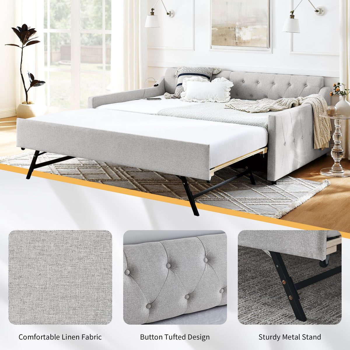 Twin Size Upholstered Daybed with Pop Up Trundle and USB Charging Ports L951400