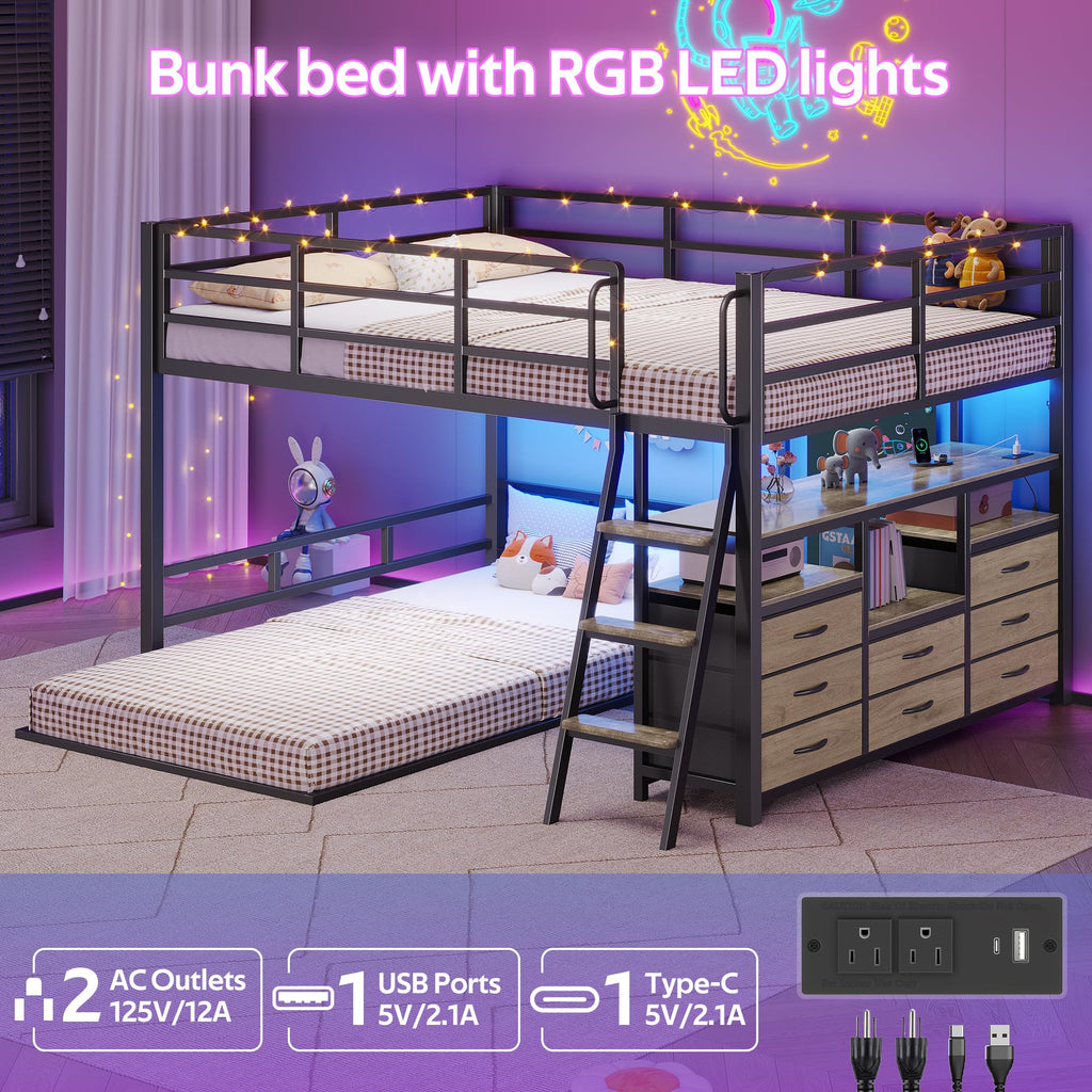 Full Over Twin Bunk Bed with 8 Drawers & 4 Shelves H650