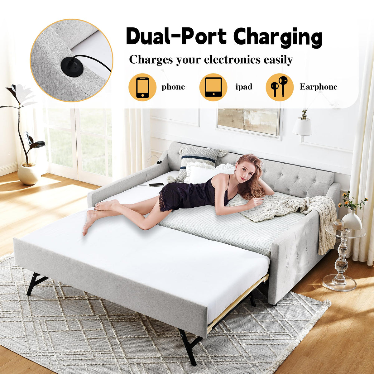 Twin Size Upholstered Daybed with Pop Up Trundle and USB Charging Ports L951400