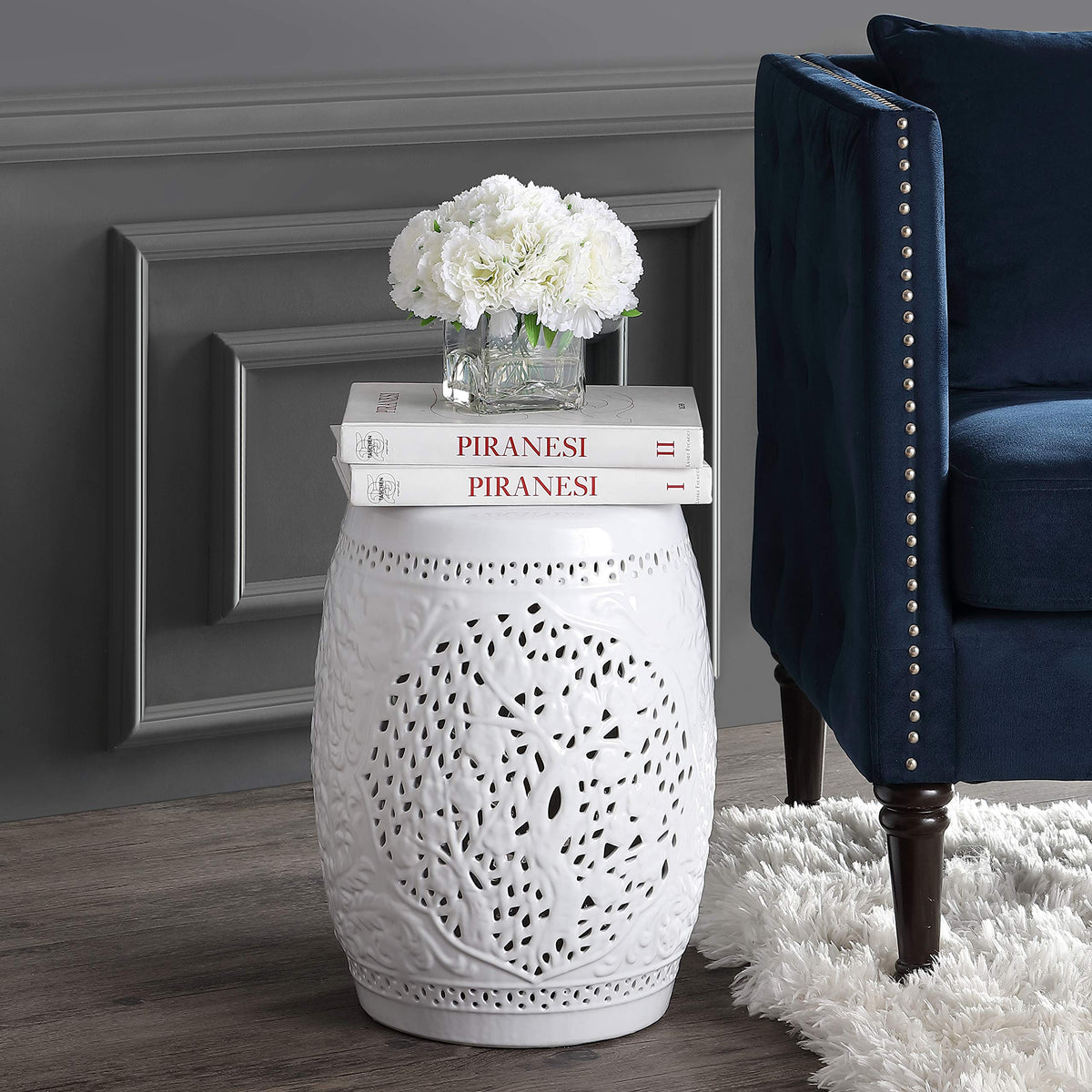 White Ceramic Garden Stool Y567172